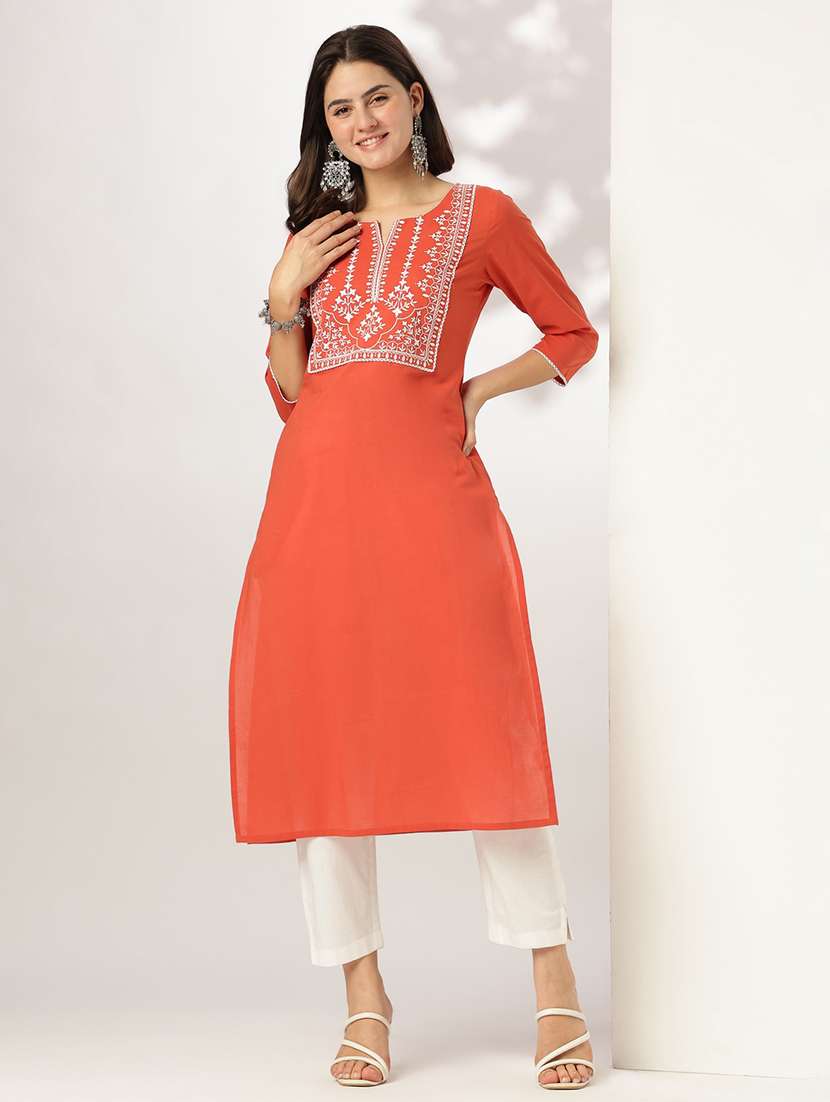 women solid with work three quarter sleeve straight kurta