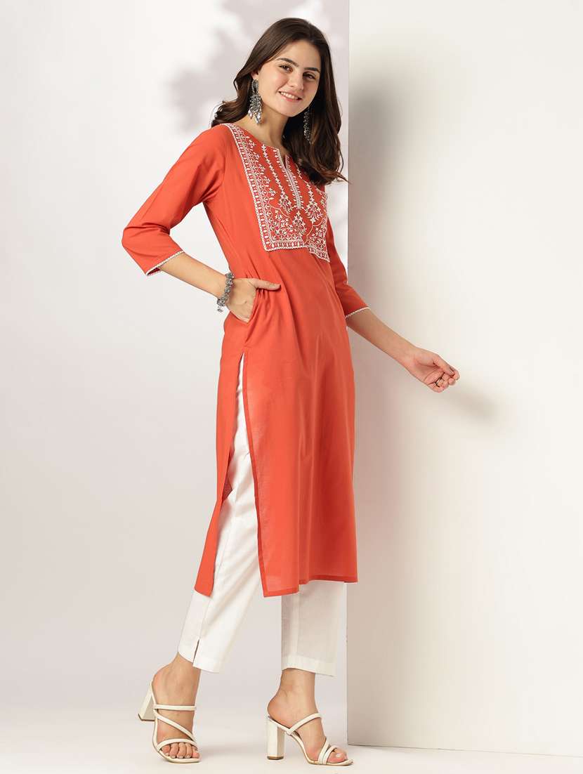 women solid with work three quarter sleeve straight kurta - 21978439 -  Standard Image - 1