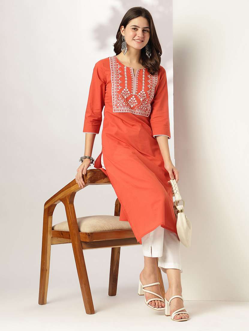 women solid with work three quarter sleeve straight kurta - 21978439 -  Standard Image - 4