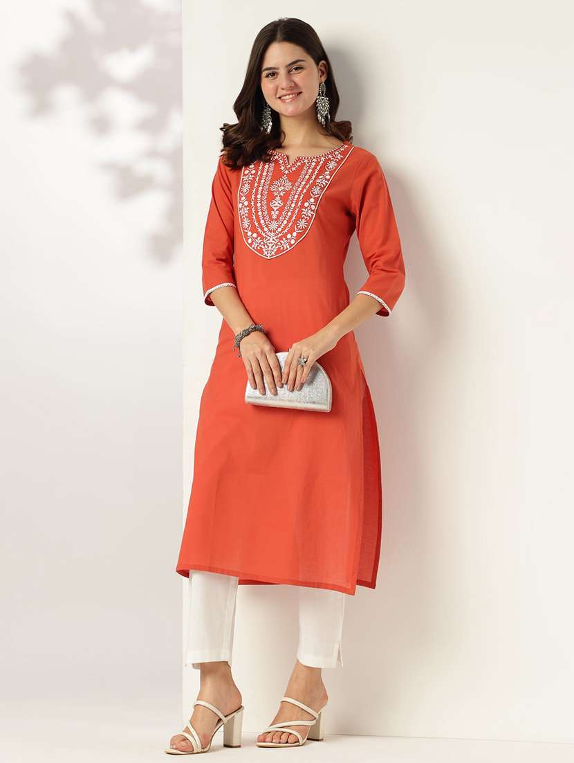 women solid with work three quarter sleeve straight kurta