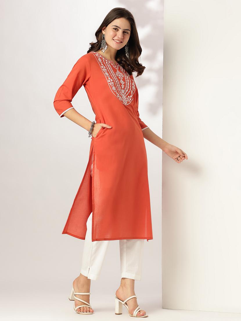 women solid with work three quarter sleeve straight kurta - 21978442 -  Standard Image - 1