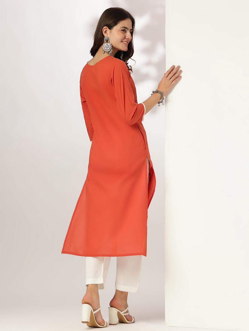 women solid with work three quarter sleeve straight kurta - 21978442 - Standard Image - 4
