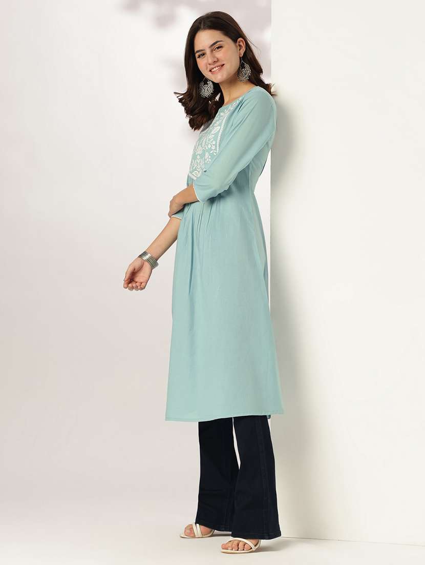 women solid with work three quarter sleeve a-line kurta - 21978444 -  Standard Image - 1