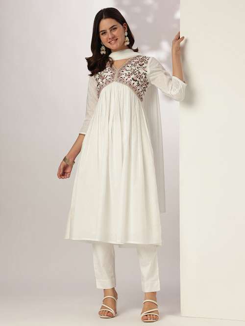 women embroidered three quarter sleeve kurta pant with dupatta set - 21978448 -  Standard Image - 0