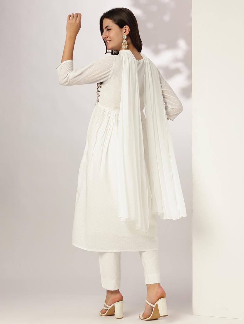 women embroidered three quarter sleeve kurta pant with dupatta set - 21978448 -  Standard Image - 1
