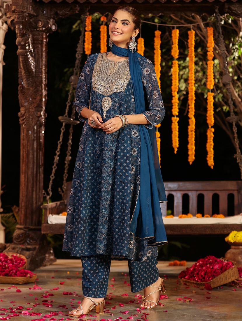 women embroidered three quarter sleeve kurta pant with dupatta set - 21978456 -  Zoom Image - 0