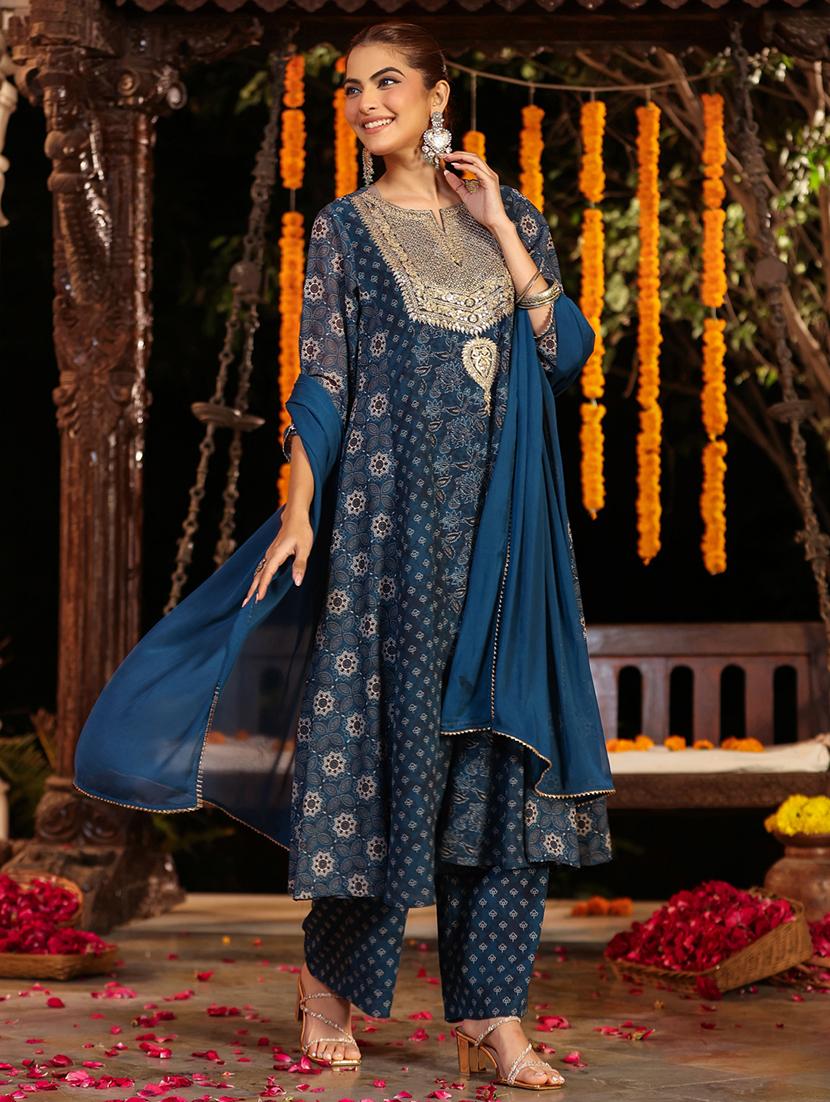 women embroidered three quarter sleeve kurta pant with dupatta set - 21978456 -  Standard Image - 1