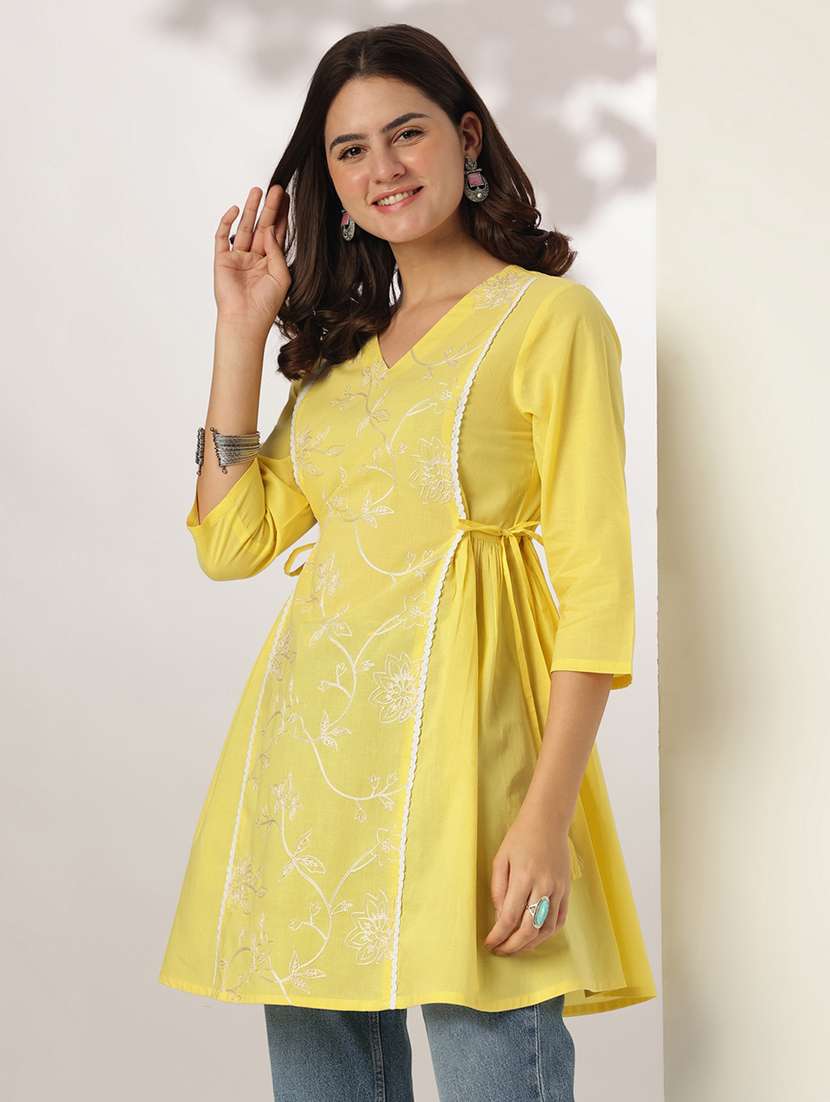 women embroidered three quarter sleeve a-line kurta