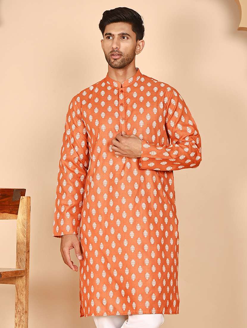 men printed mandarin neck long kurta