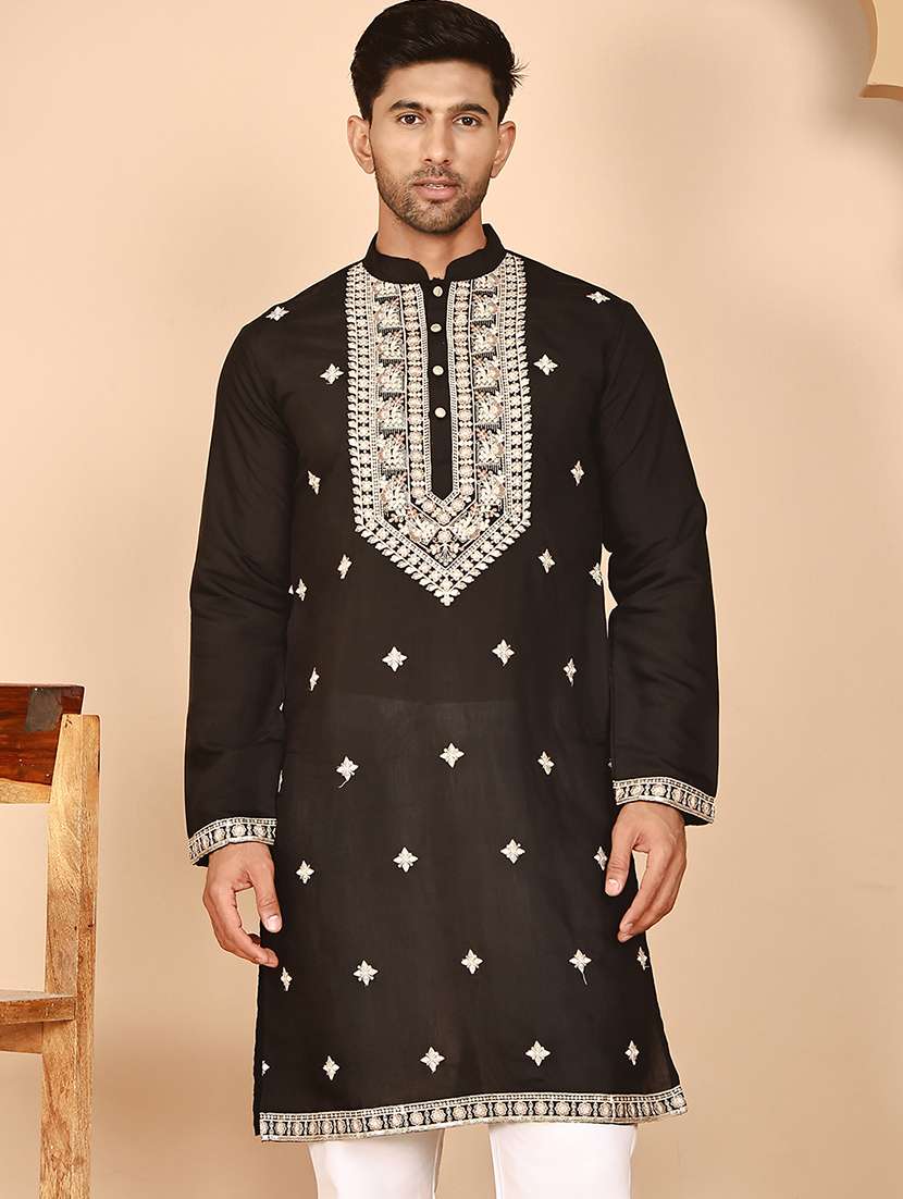men embroidered mandarin neck long kurta - 21978478 -  Zoom Image - 0