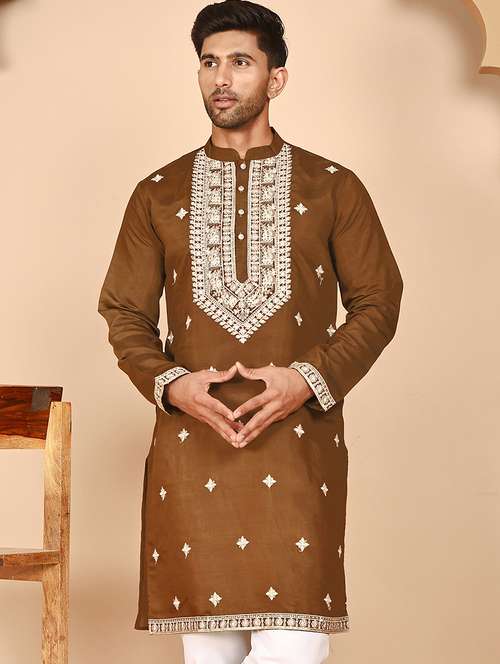 men embroidered mandarin neck long kurta - 21978479 - Standard Image - 0
