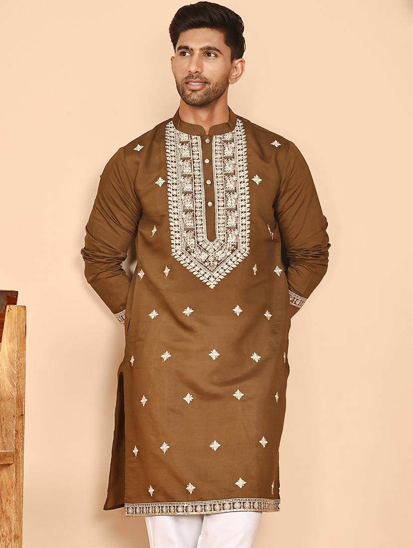 men embroidered mandarin neck long kurta - 21978479 - Standard Image - 1