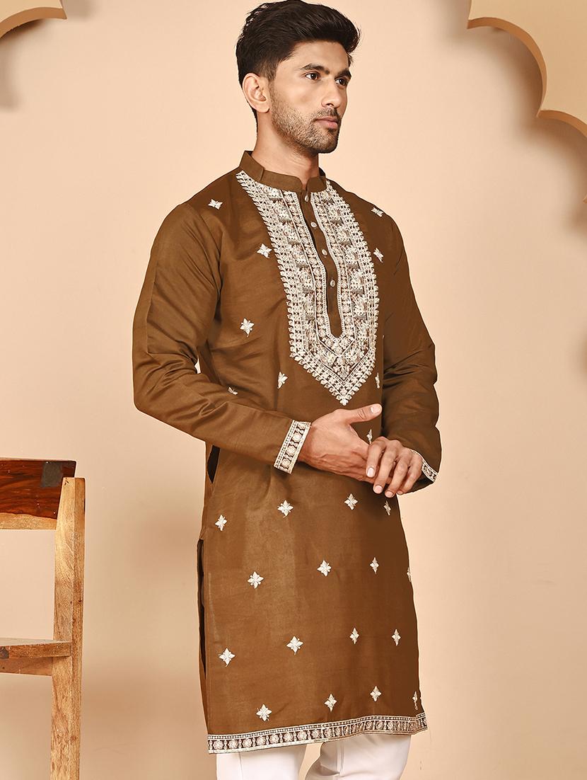 men embroidered mandarin neck long kurta - 21978479 - Standard Image - 4