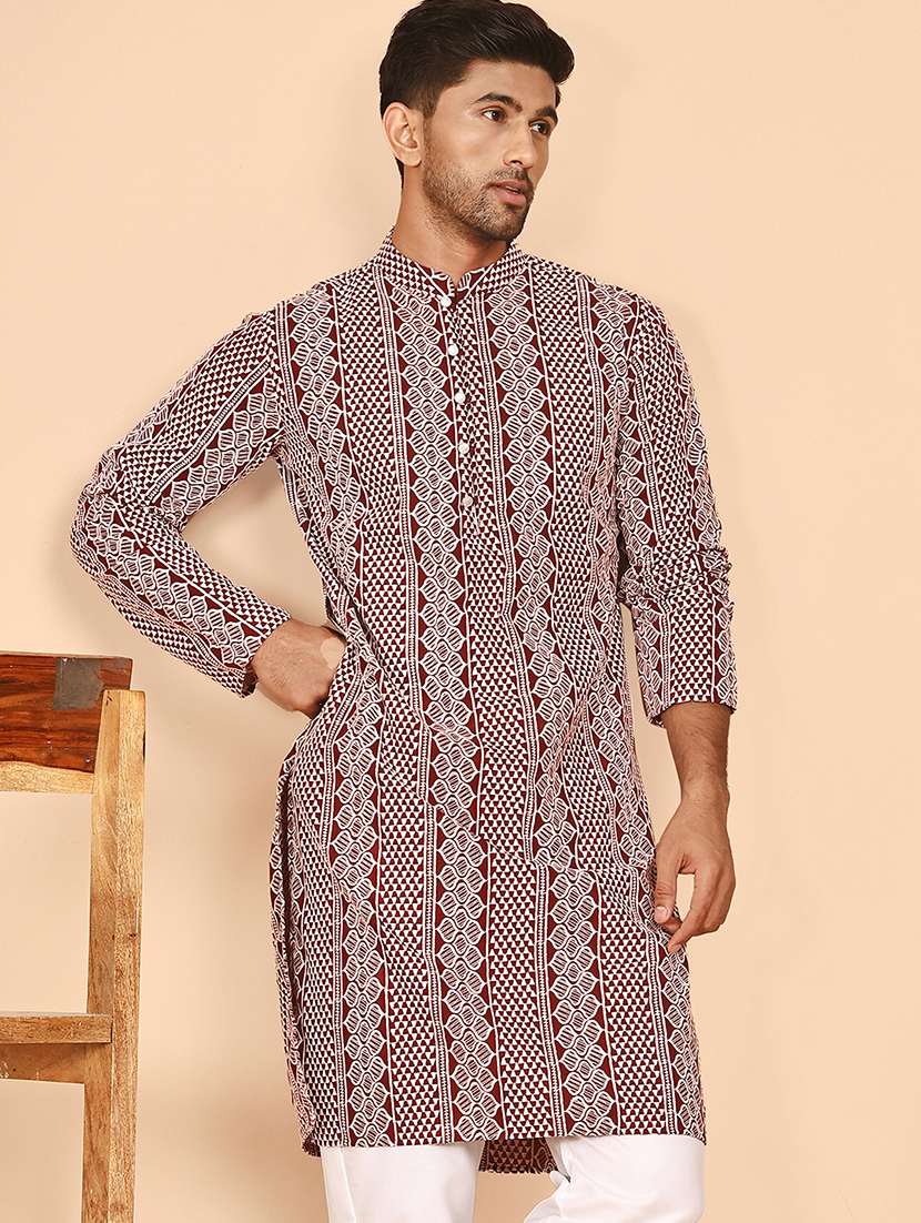 men embroidered mandarin neck long kurta - 21978480 -  Standard Image - 1