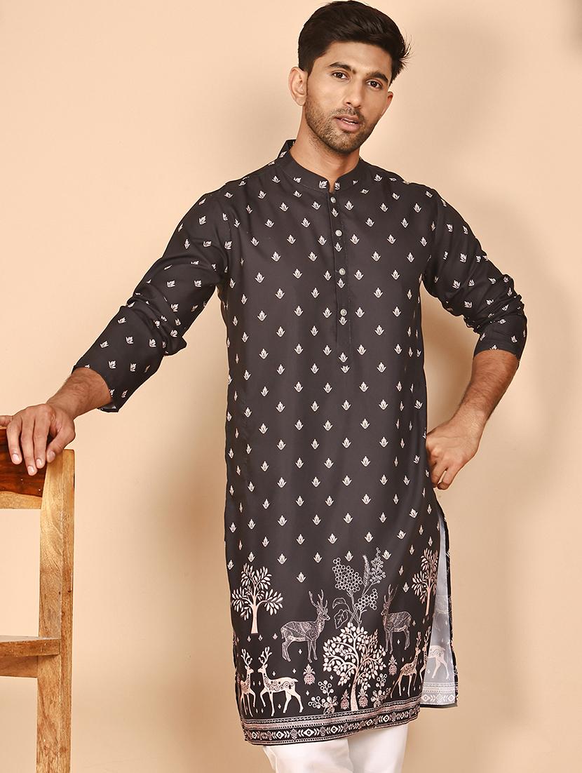 men printed mandarin neck long kurta - 21978486 - Standard Image - 1