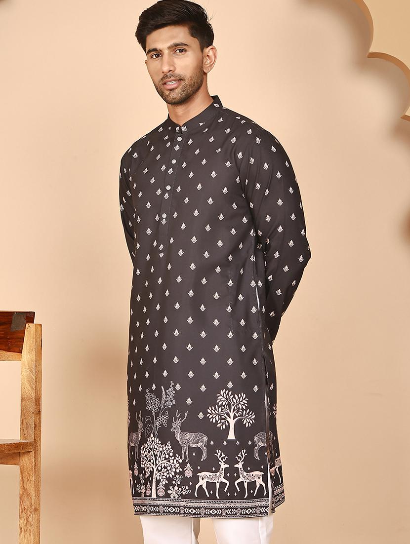 men printed mandarin neck long kurta - 21978486 - Standard Image - 4