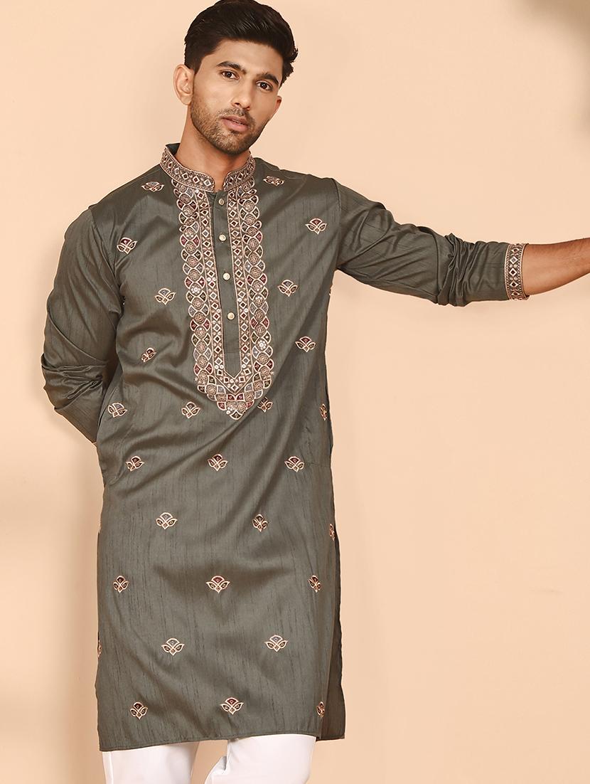 men solid with work mandarin neck long kurta - 21978494 - Standard Image - 1