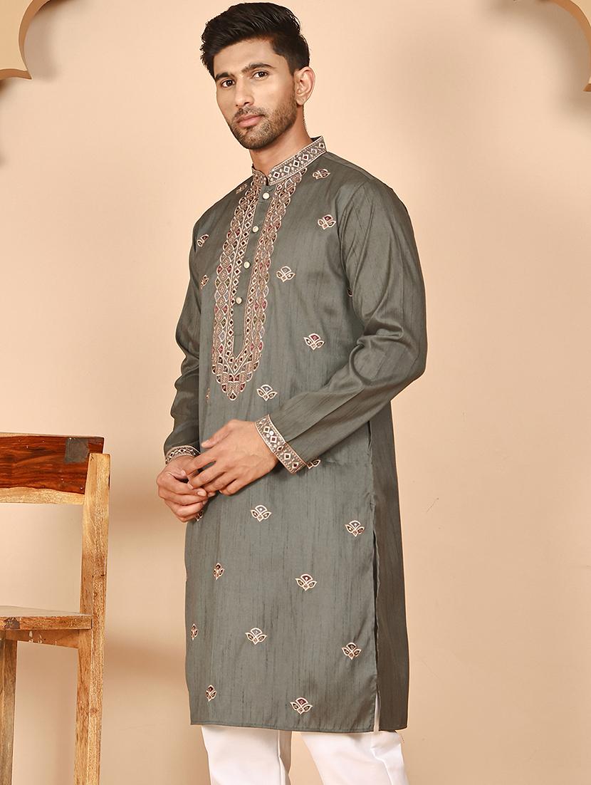 men solid with work mandarin neck long kurta - 21978494 - Standard Image - 4