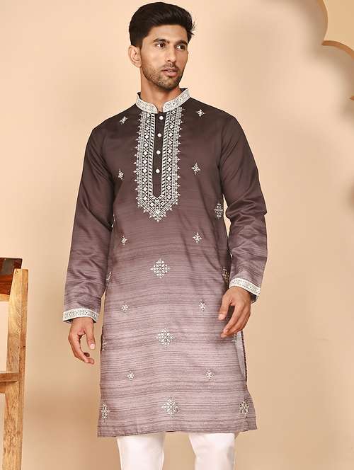 men embroidered mandarin neck long kurta - 21978495 - Standard Image - 0