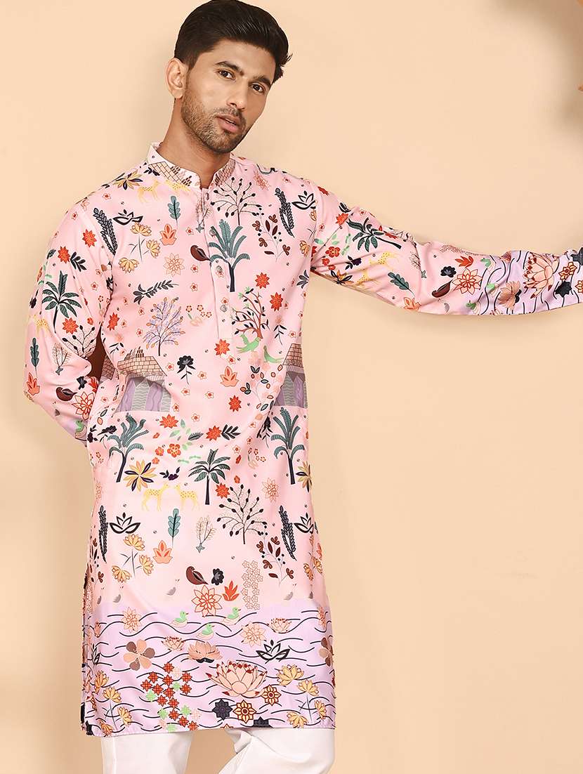 men floral printed mandarin neck long kurta - 21978496 -  Standard Image - 1