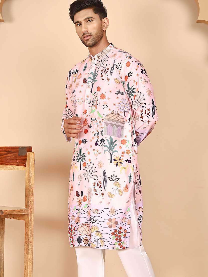 men floral printed mandarin neck long kurta - 21978496 -  Standard Image - 4