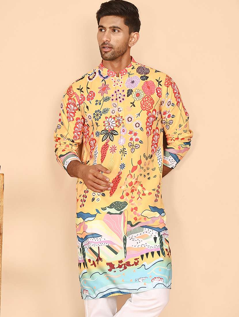men floral printed mandarin neck long kurta - 21978497 -  Standard Image - 1
