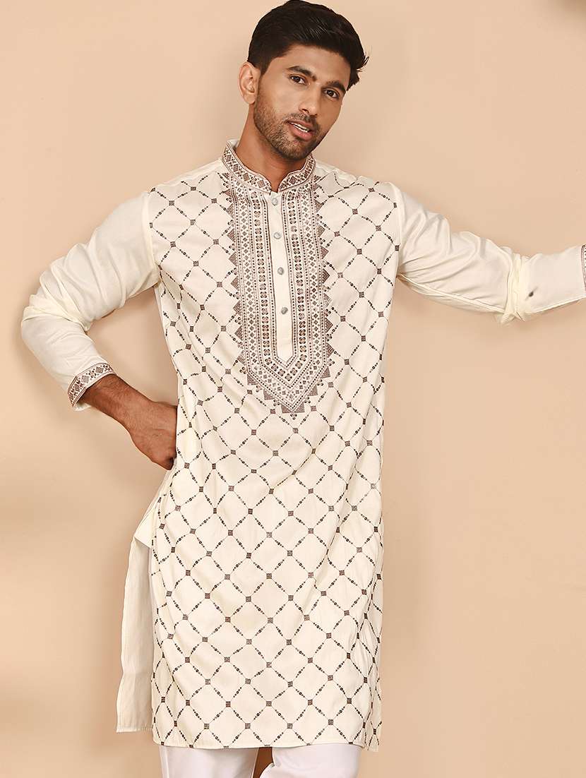 men embroidered mandarin neck long kurta - 21978498 -  Standard Image - 1