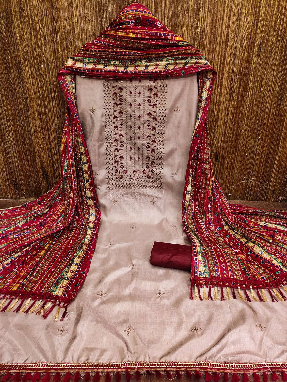 women solid with work embroidered unstitched suit set