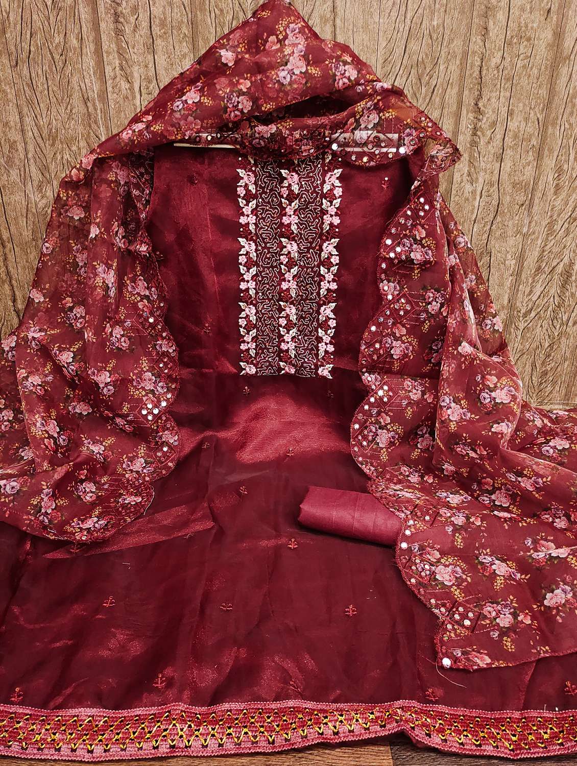 women solid with work embroidered unstitched suit set