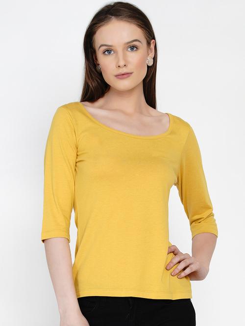women yellow solid round neck regular top - 21978565 - Standard Image - 0