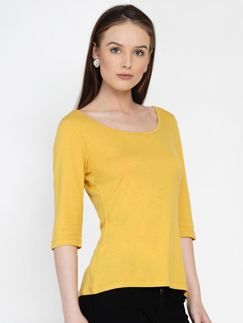 women yellow solid round neck regular top - 21978565 - Standard Image - 1