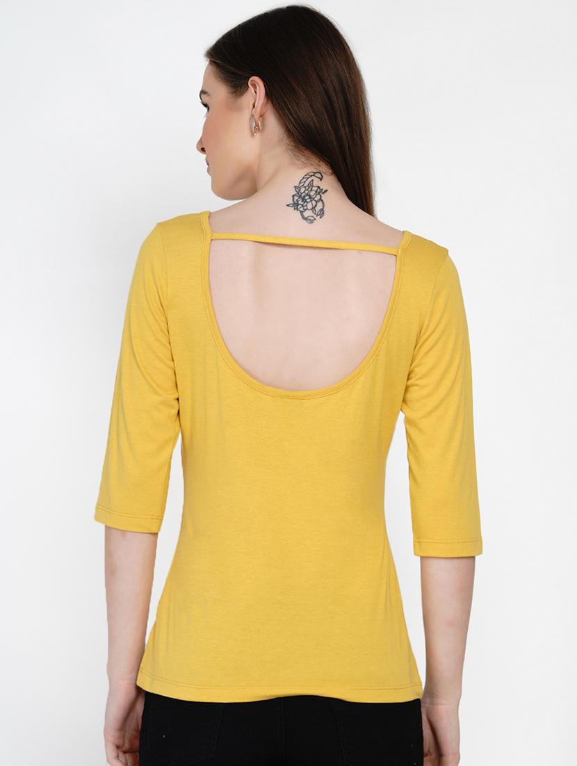 women yellow solid round neck regular top - 21978565 - Standard Image - 4