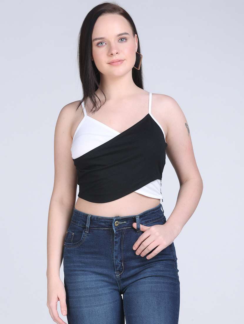 color block shoulder strap crop camisole top