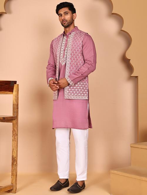 men mandarin neck kurta pyjama with jacket ethnic wear set - 21978573 - Standard Image - 0