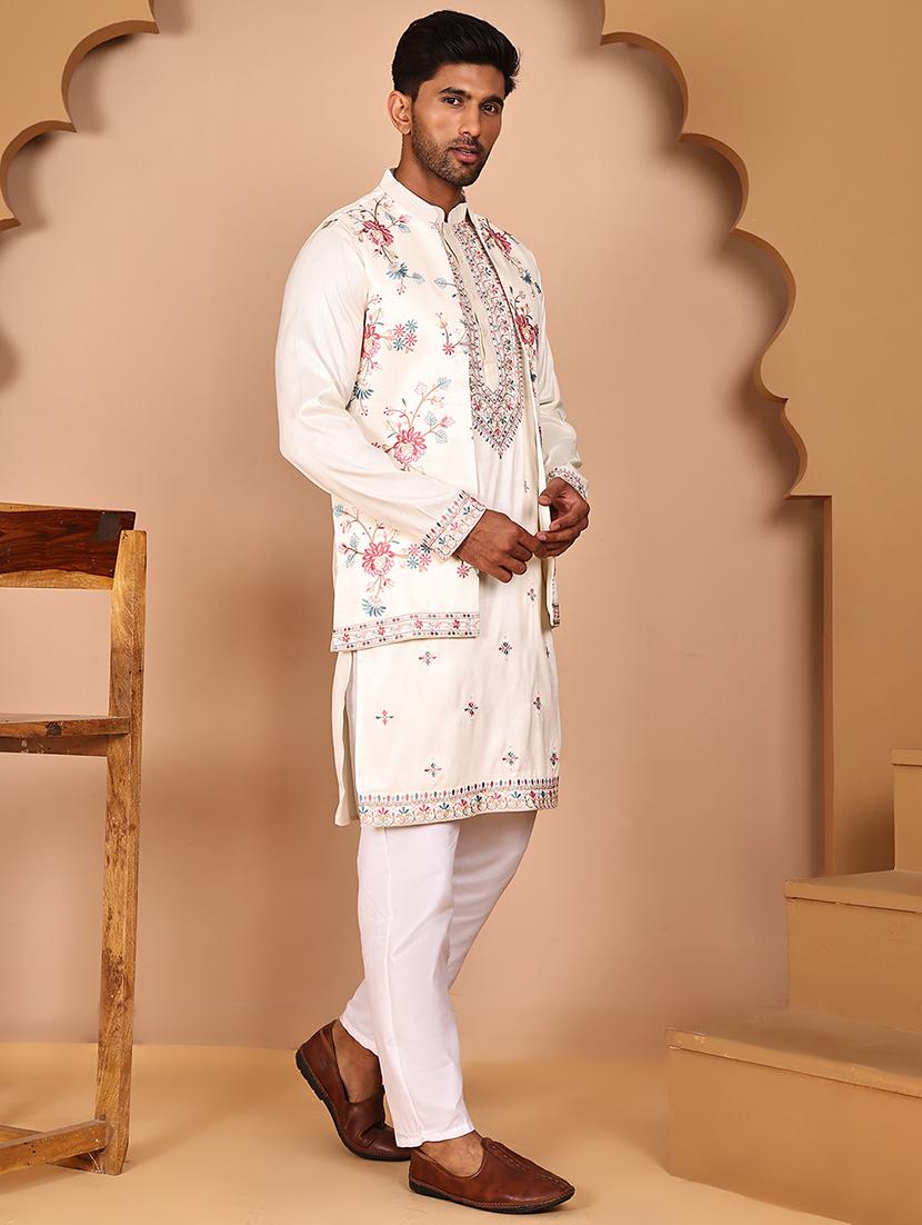 men mandarin neck kurta pyjama with jacket ethnic wear set - 21978576 - Standard Image - 1