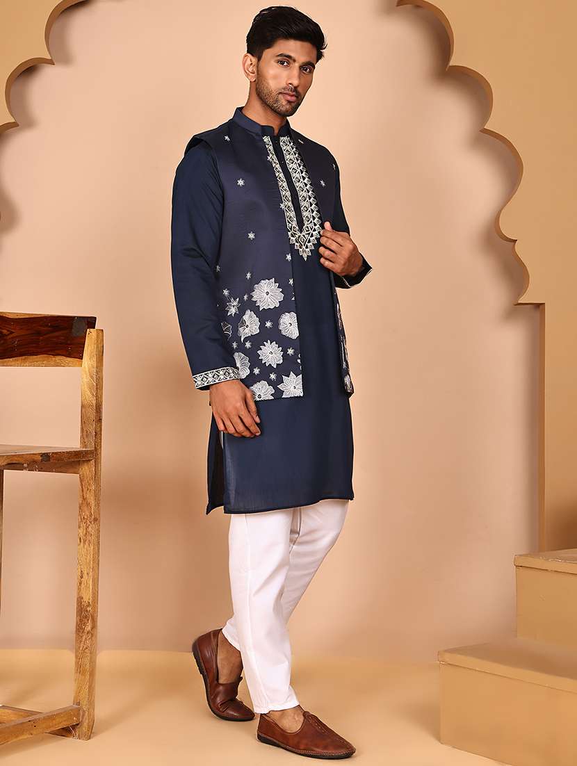 men mandarin neck kurta pyjama with jacket ethnic wear set - 21978581 -  Standard Image - 1