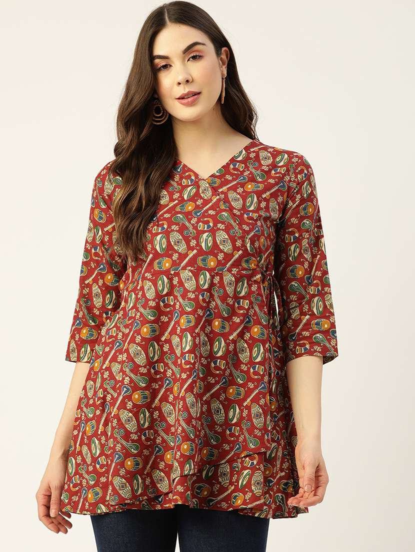 women printed three quarter sleeve angrakha kurti