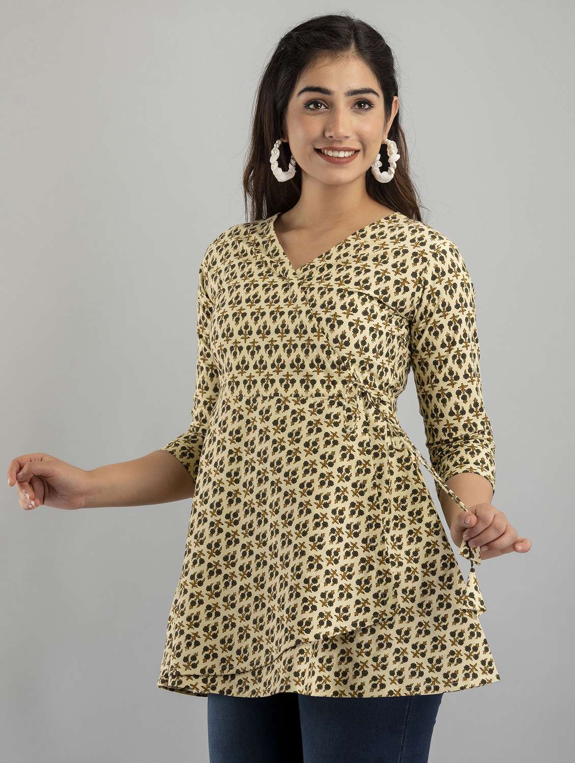 women printed three quarter sleeve angrakha kurti - 21978620 -  Standard Image - 1