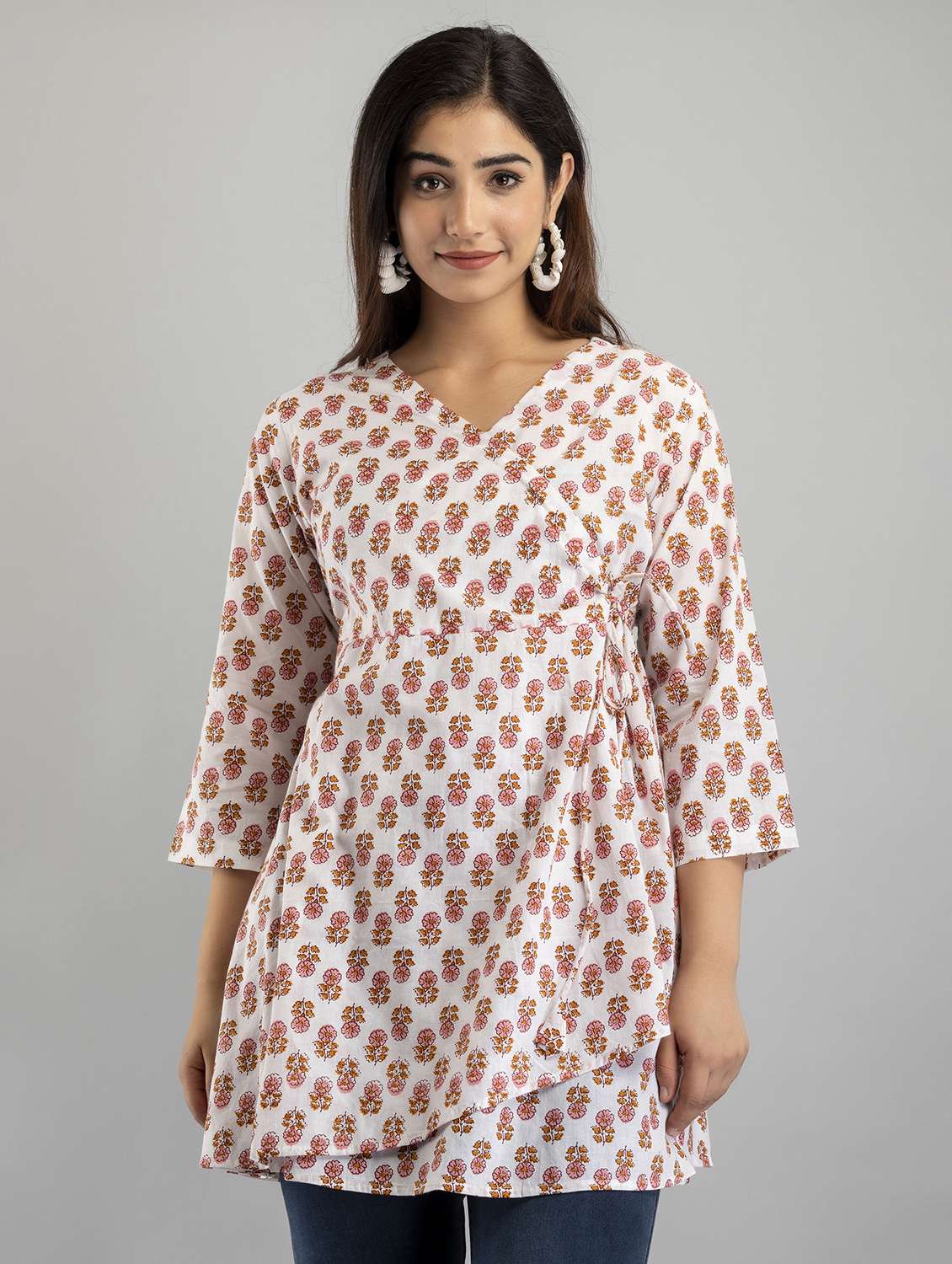 women printed three quarter sleeve angrakha kurti - 21978621 - Zoom Image - 0