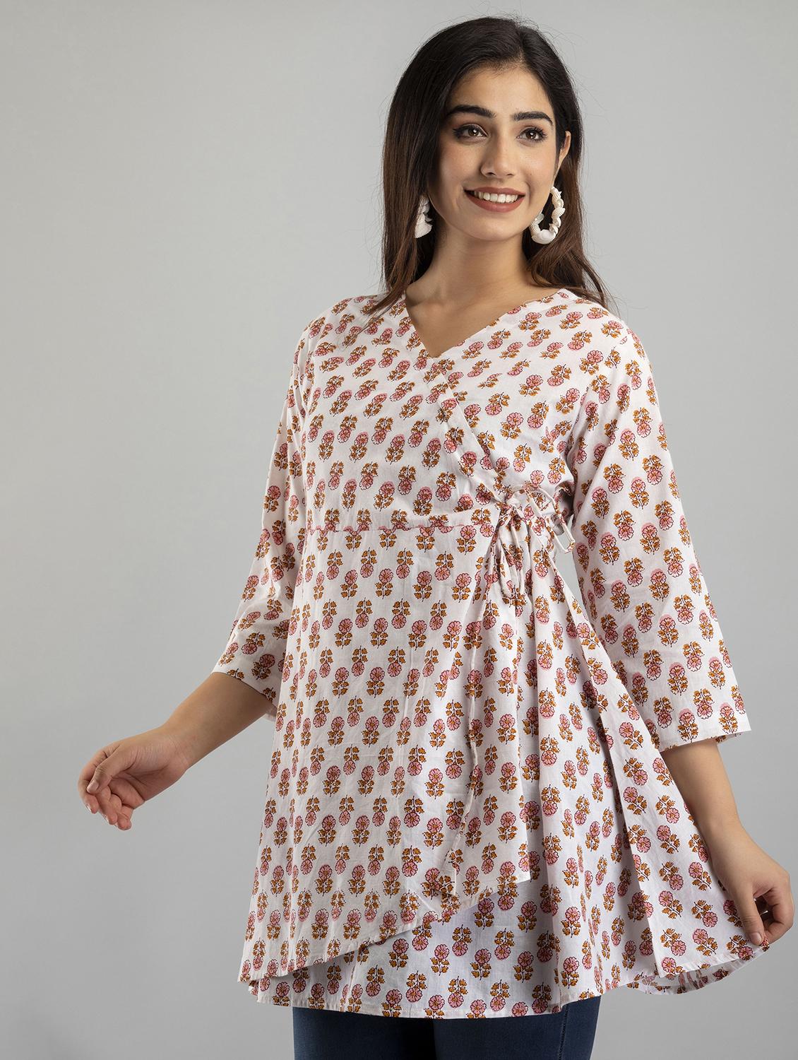 women printed three quarter sleeve angrakha kurti - 21978621 - Standard Image - 1