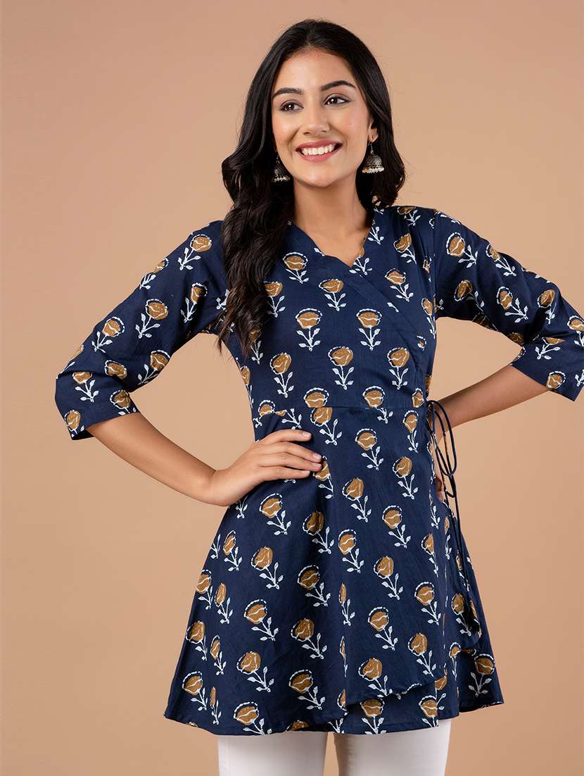women printed three quarter sleeve angrakha kurti - 21978622 -  Standard Image - 1