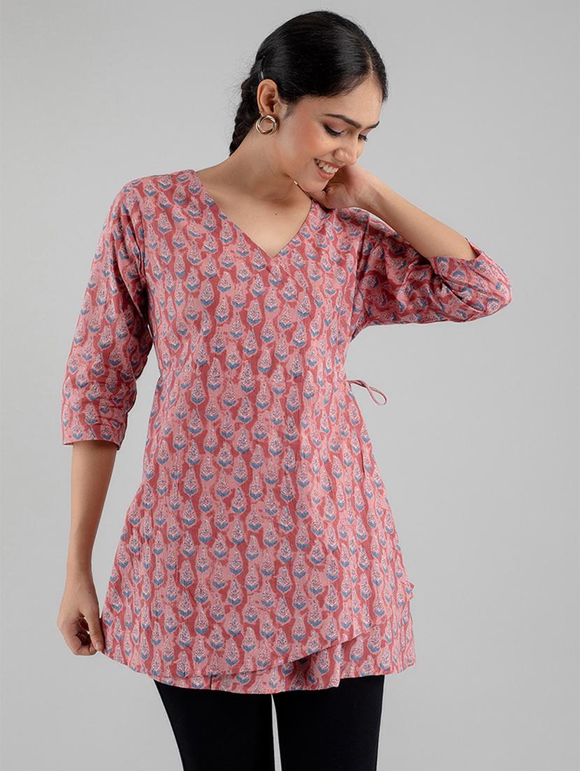 women printed three quarter sleeve angrakha kurti - 21978630 -  Standard Image - 1