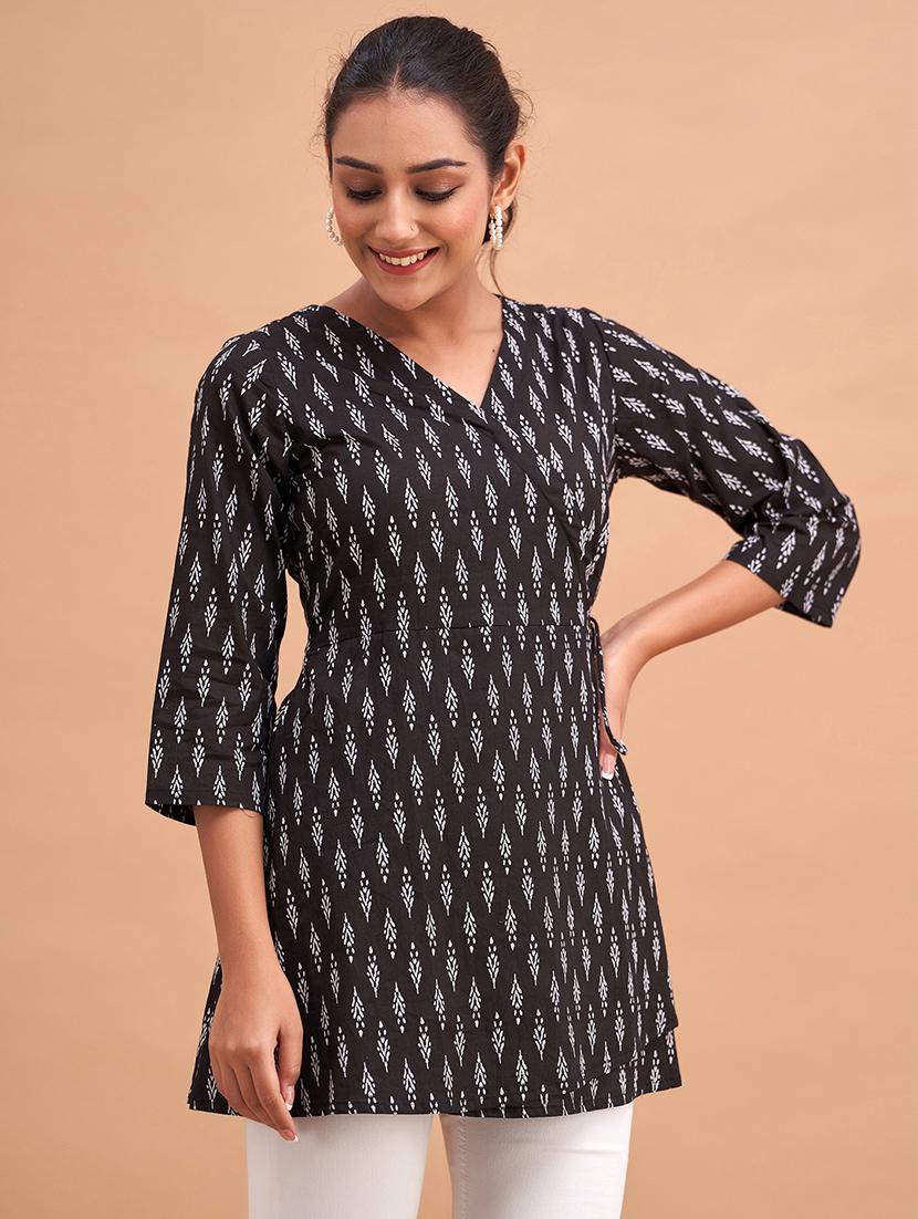 women printed three quarter sleeve angrakha kurti - 21978632 -  Standard Image - 1