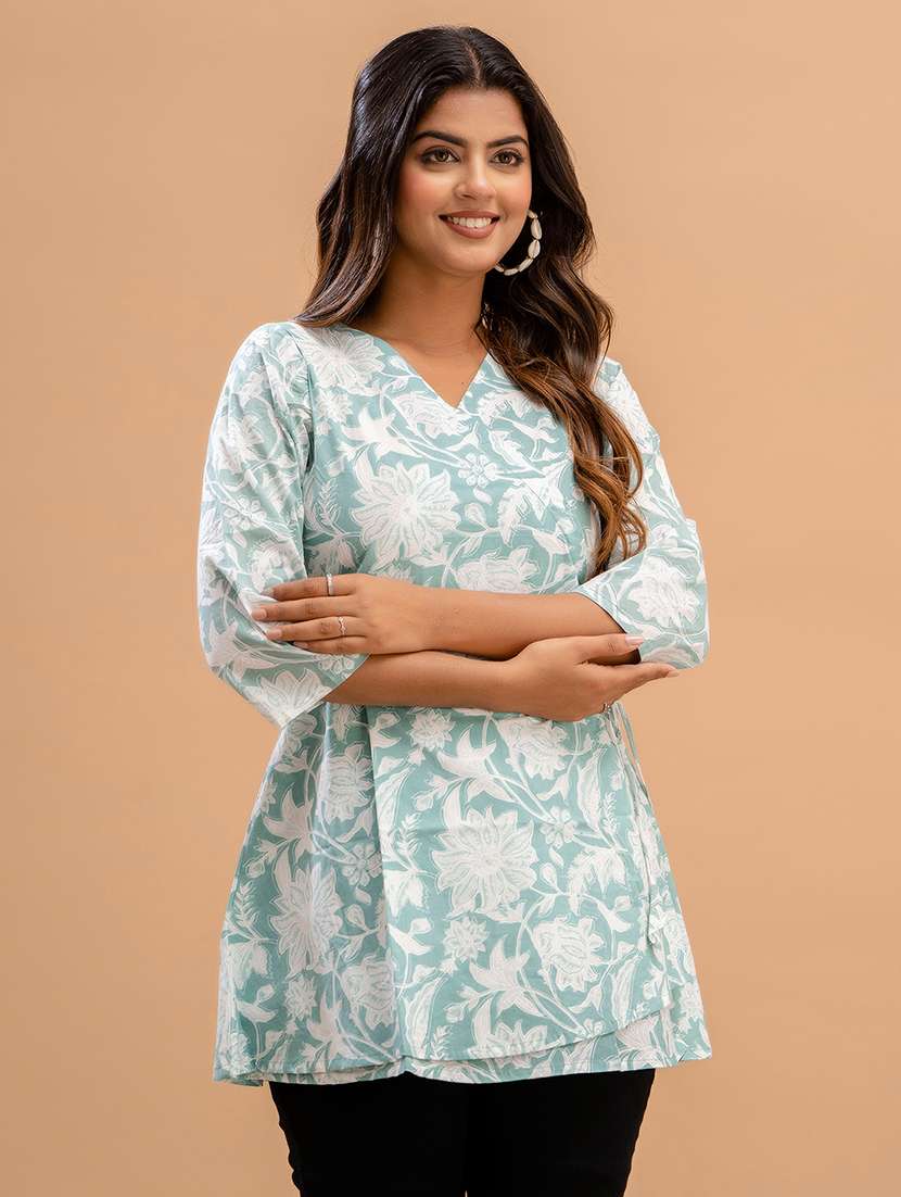 women printed three quarter sleeve angrakha kurti - 21978633 -  Standard Image - 1