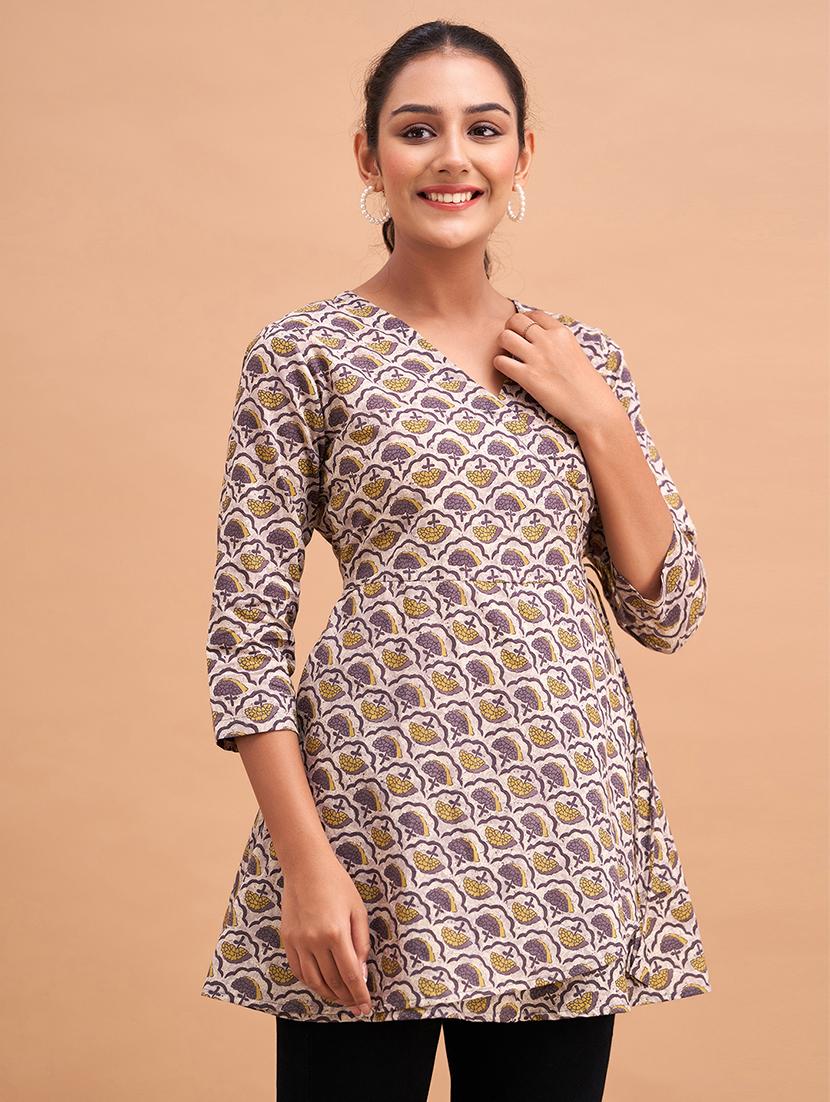 women printed three quarter sleeve angrakha kurti - 21978636 - Zoom Image - 0