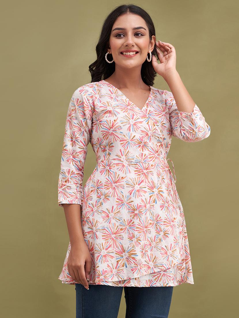 women printed three quarter sleeve angrakha kurti - 21978638 -  Zoom Image - 0