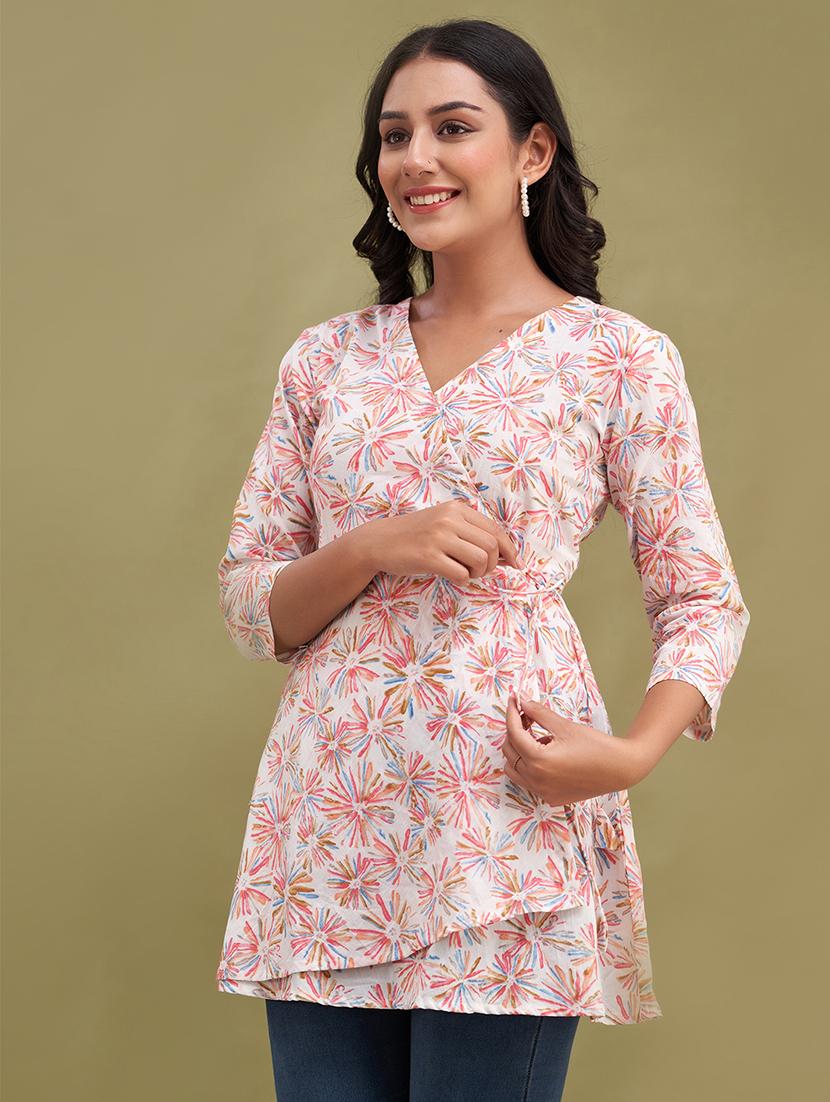 women printed three quarter sleeve angrakha kurti - 21978638 -  Standard Image - 1