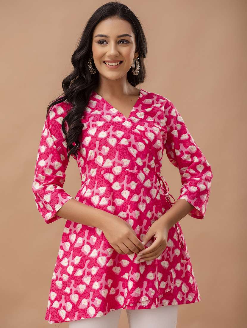 women printed three quarter sleeve angrakha kurti - 21978640 -  Standard Image - 1