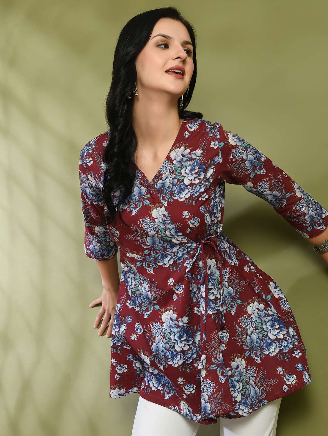 women printed three quarter sleeve angrakha kurti - 21978645 -  Standard Image - 1