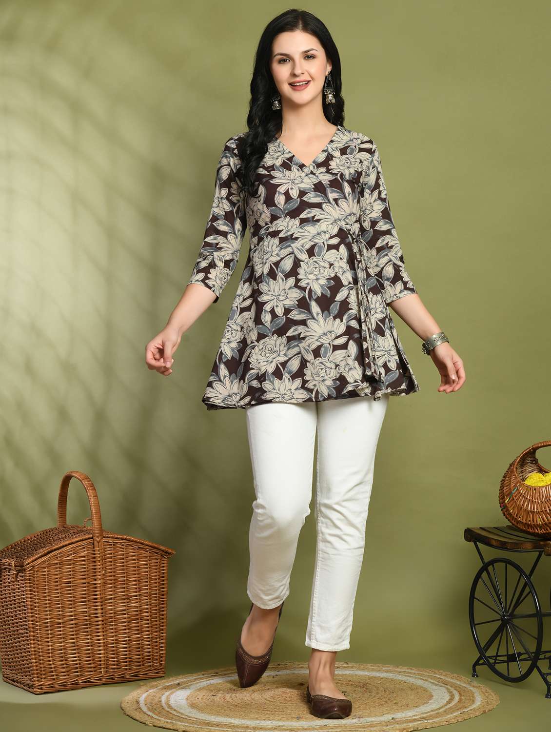 women printed three quarter sleeve angrakha kurti - 21978646 -  Standard Image - 4